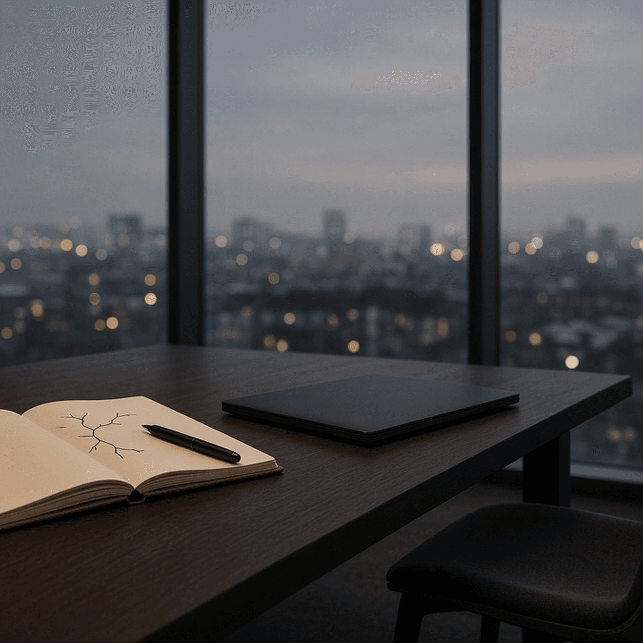 An open notebook and closed laptop on a desk overlooking the city at dusk.