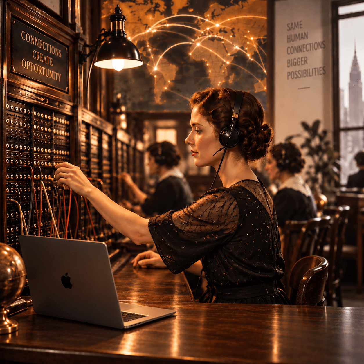 An illustration of a switchboard operator in a headset plugging in a cord, beneath a map lit with glowing connections, a laptop open on the desk beside her.